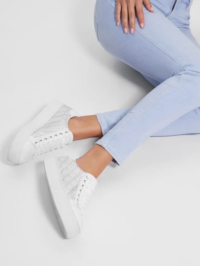 GUESS Shoes Gelsen Rhinestone Logo LowTop Sneakers Silver 8211 Women