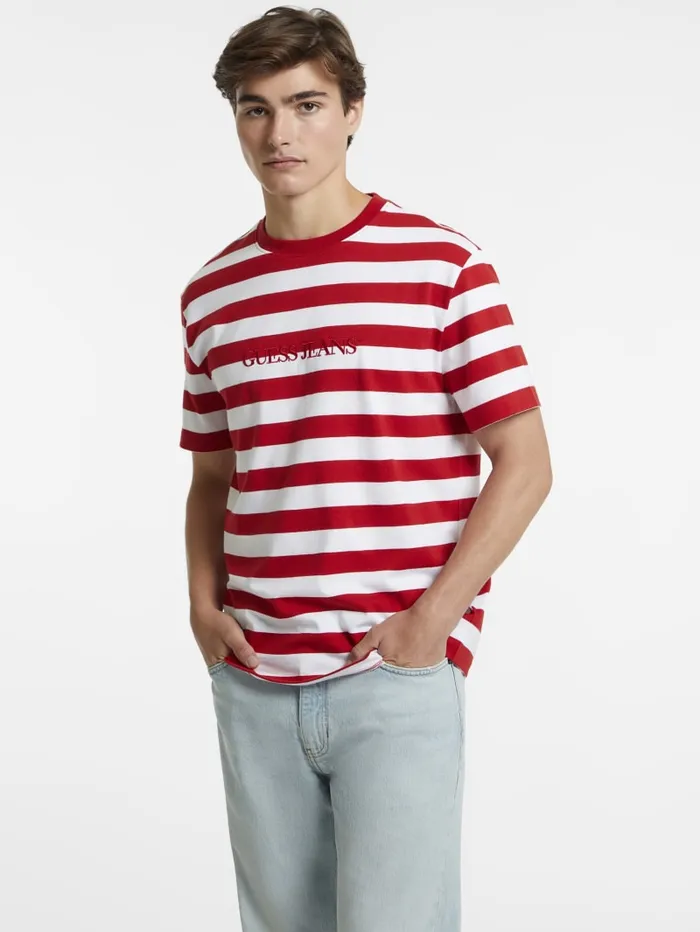 GUESS T Shirts and Tanks Striped Logo Tee Green 8211 Men