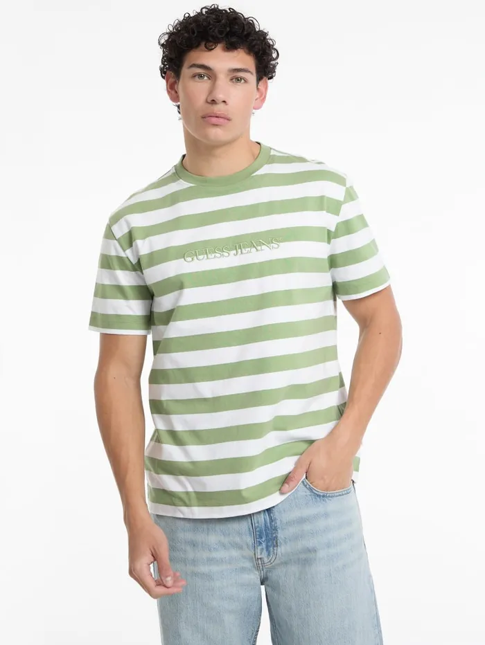 GUESS T Shirts and Tanks Striped Logo Tee Green 8211 Men