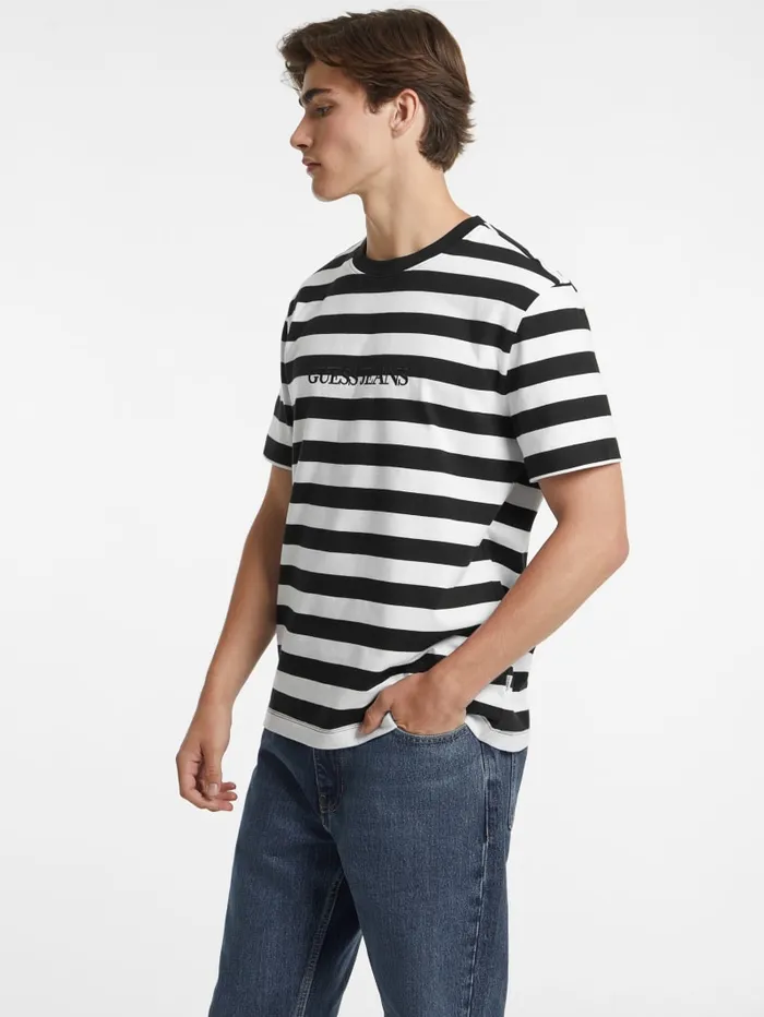 GUESS T Shirts and Tanks Striped Logo Tee Green 8211 Men