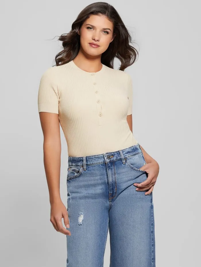 GUESS Tops Eco Anders Henley Bodysuit Beige 8211 Women