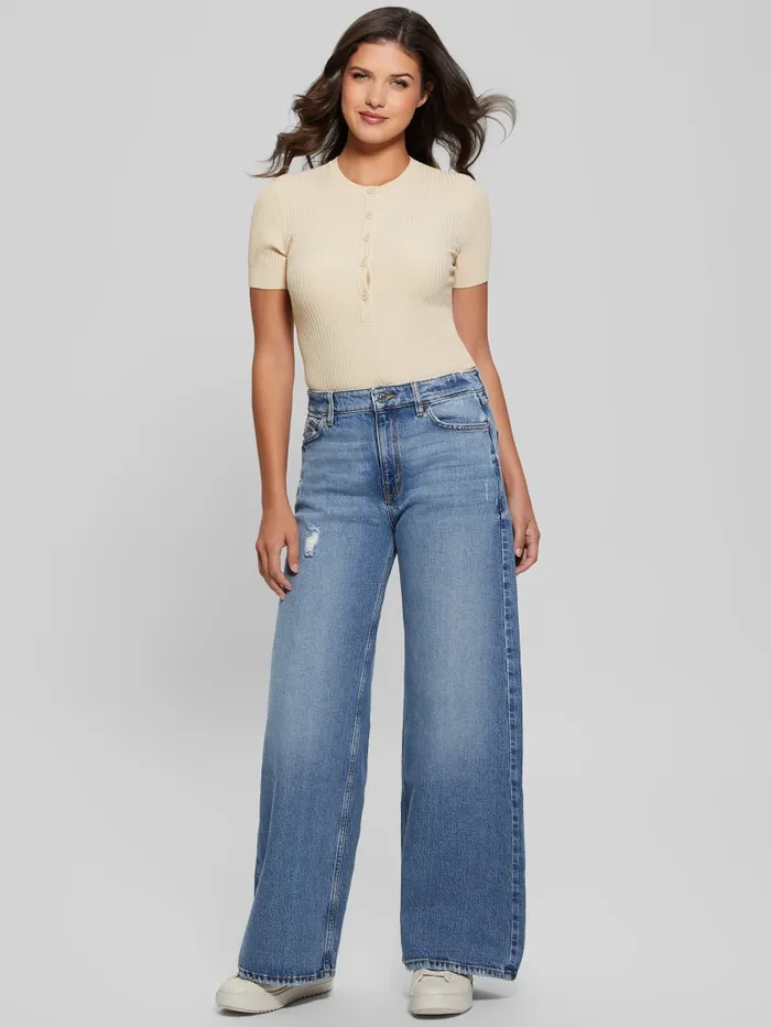 GUESS Tops Eco Anders Henley Bodysuit Beige 8211 Women