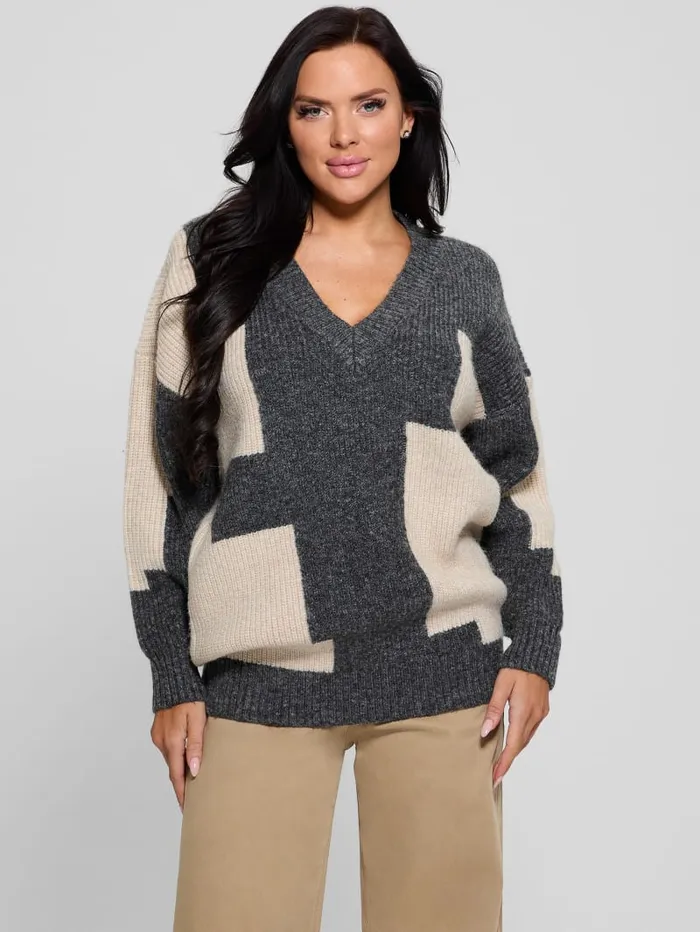 GUESS Tops Intarsia ColorBlock Sweater White 8211 Women
