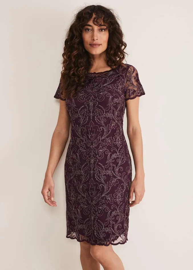 Heather Embroidered Dress Plum Women Phase Eight Dresses