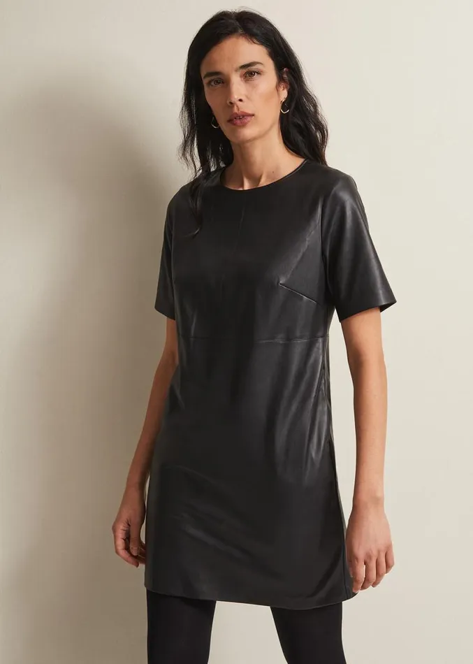 Hilde Faux Leather Shift Mini Dress Black Women Phase Eight Dresses