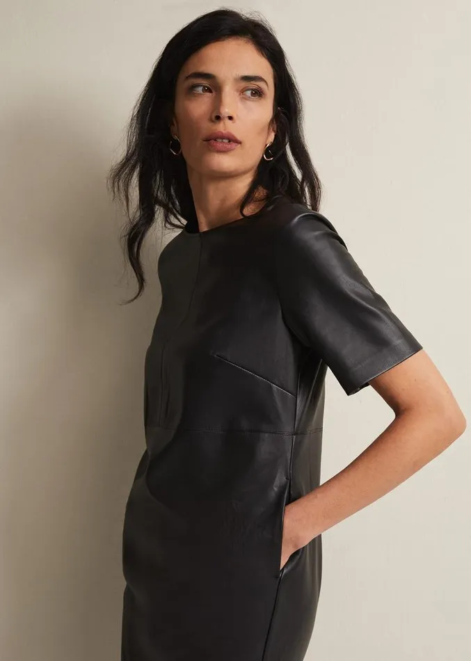 Hilde Faux Leather Shift Mini Dress Black Women Phase Eight Dresses