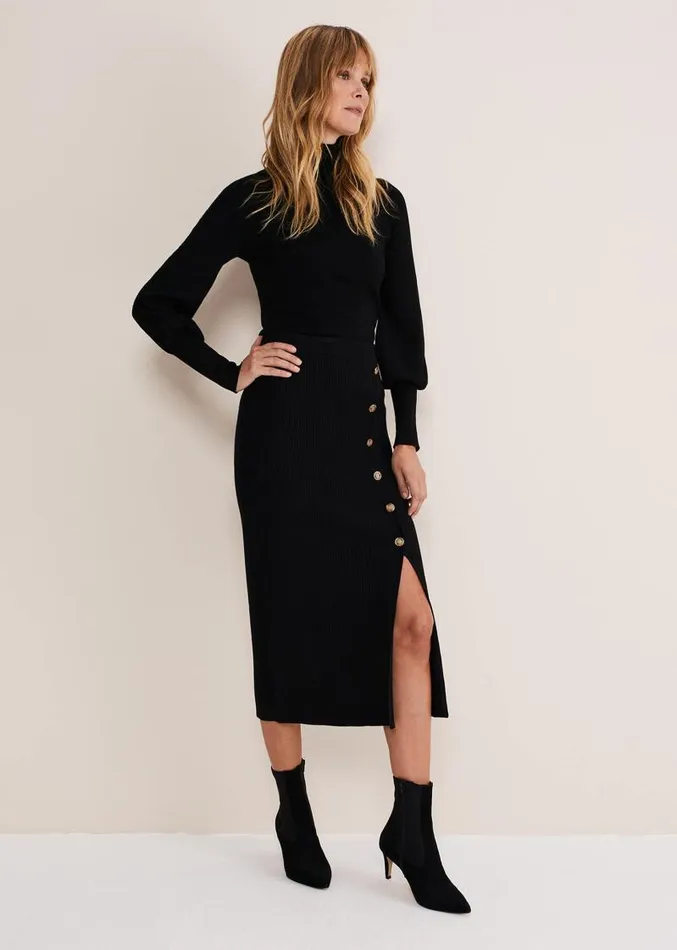 Irina Ribbed Button Detail Knit Skirt Black Women Phase Eight Skirts
