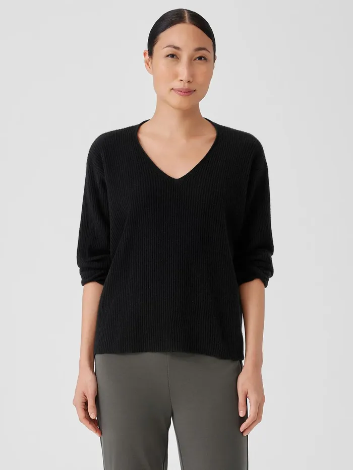 Italian Cashmere VNeck Top Black Women Eileen Fisher Sweaters and Cardigans
