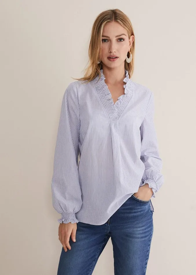 Izara Cotton Striped Ruffle Top Bluewhite Women Phase Eight Shirts and Blouses