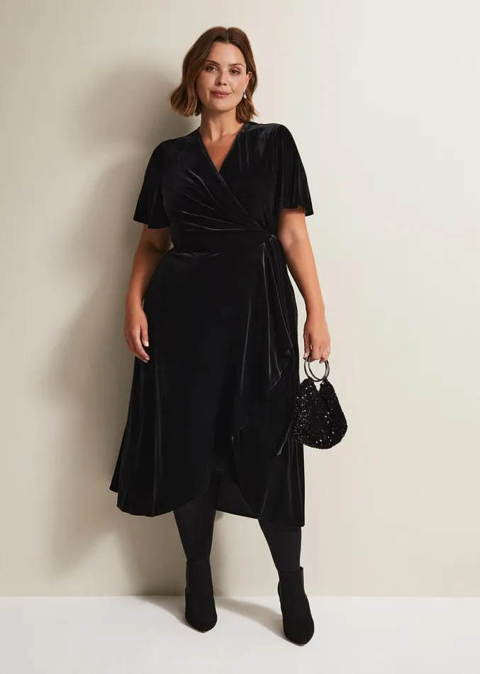 Julissa Velvet Ruffle Wrap Midi Dress Black Women Phase Eight Dresses