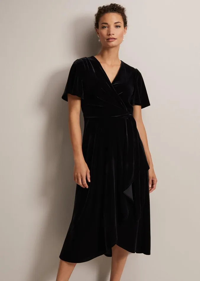 Julissa Velvet Ruffle Wrap Midi Dress Black Women Phase Eight Dresses