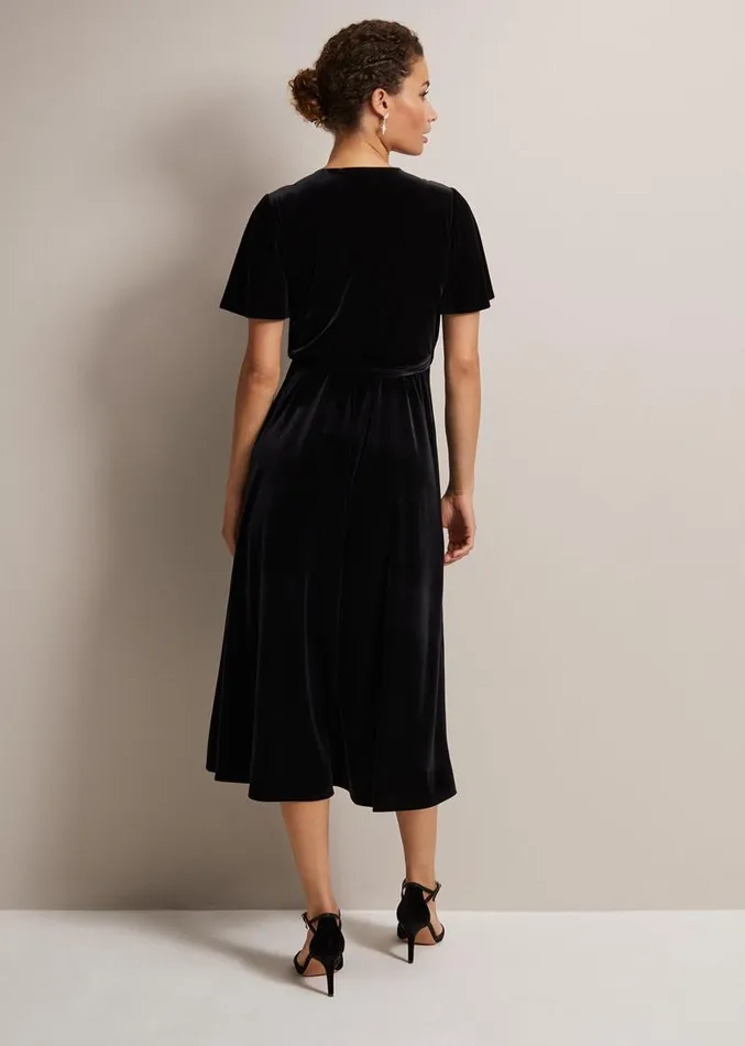 Julissa Velvet Ruffle Wrap Midi Dress Black Women Phase Eight Dresses