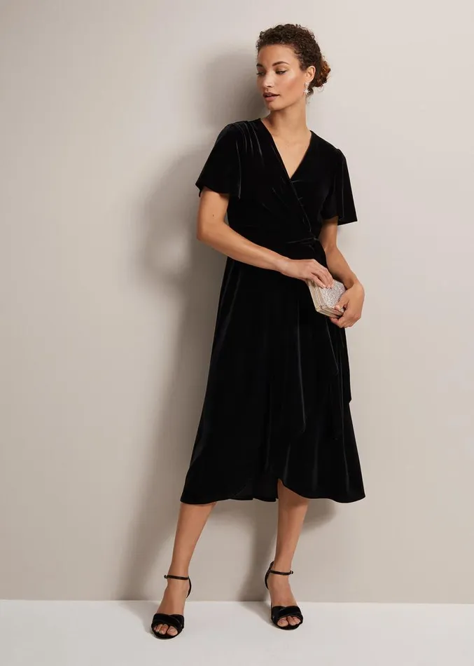 Julissa Velvet Ruffle Wrap Midi Dress Black Women Phase Eight Dresses