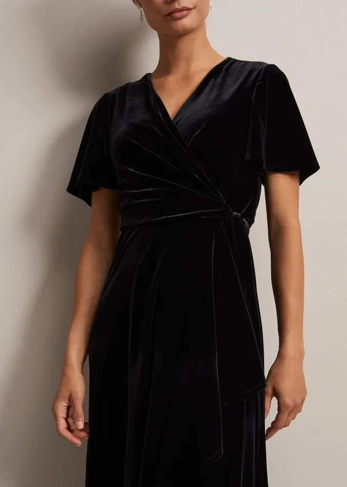 Julissa Velvet Ruffle Wrap Midi Dress Black Women Phase Eight Dresses