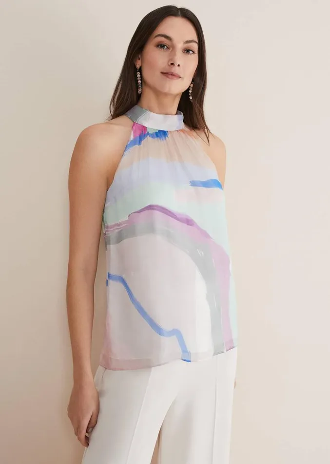 Kadie Silk Abstract Halter Neck Top Pastelsmulti Women Phase Eight Shirts and Blouses