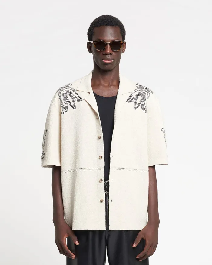 Kaemon Embroidered TexturedLinen Camp Shirt NaturalBlack Men Nanushka Tops