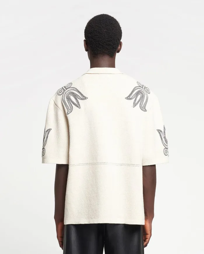 Kaemon Embroidered TexturedLinen Camp Shirt NaturalBlack Men Nanushka Tops