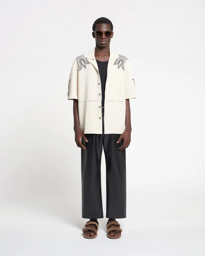 Kaemon Embroidered TexturedLinen Camp Shirt NaturalBlack Men Nanushka Tops