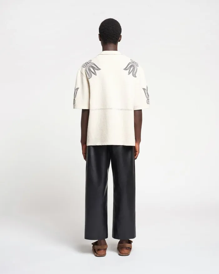 Kaemon Embroidered TexturedLinen Camp Shirt NaturalBlack Men Nanushka Tops
