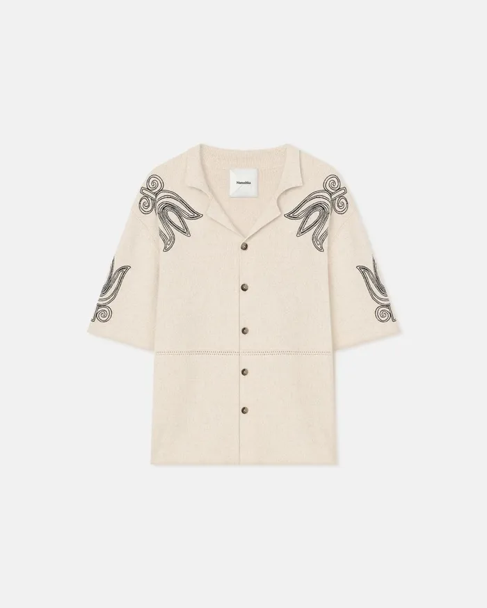Kaemon Embroidered TexturedLinen Camp Shirt NaturalBlack Men Nanushka Tops