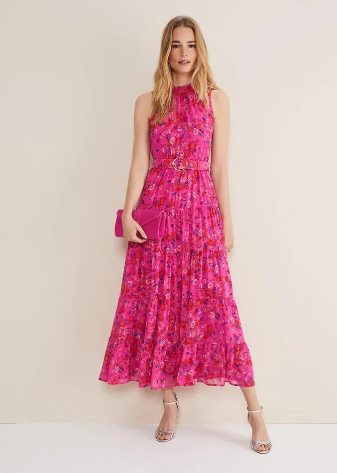 Kara Floral Tiered Maxi Dress Neon Pink Women Phase Eight Dresses