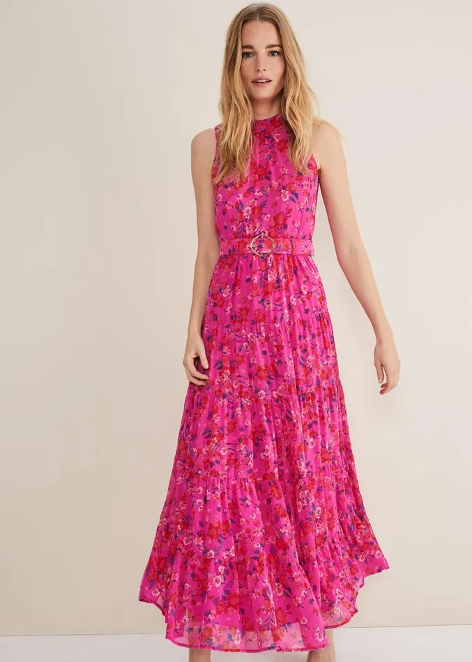 Kara Floral Tiered Maxi Dress Neon Pink Women Phase Eight Dresses