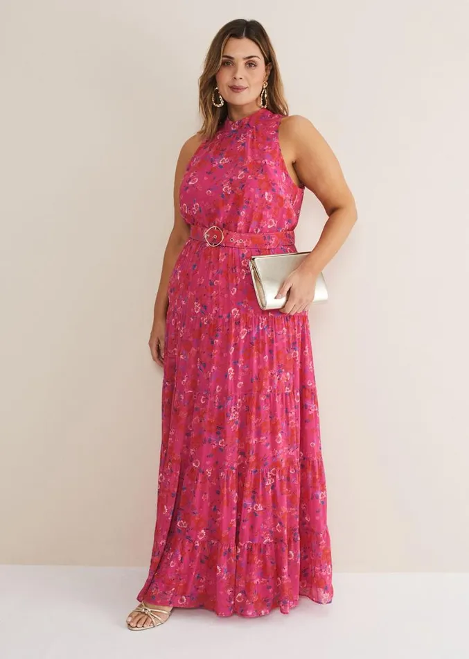Kara Floral Tiered Maxi Dress Neon Pink Women Phase Eight Dresses