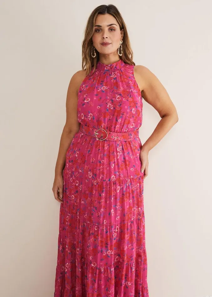 Kara Floral Tiered Maxi Dress Neon Pink Women Phase Eight Dresses