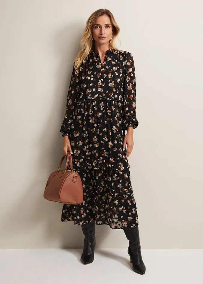 Karsyn Leopard Spot Textured Midi Dress Black Multi Women Phase Eight Dresses