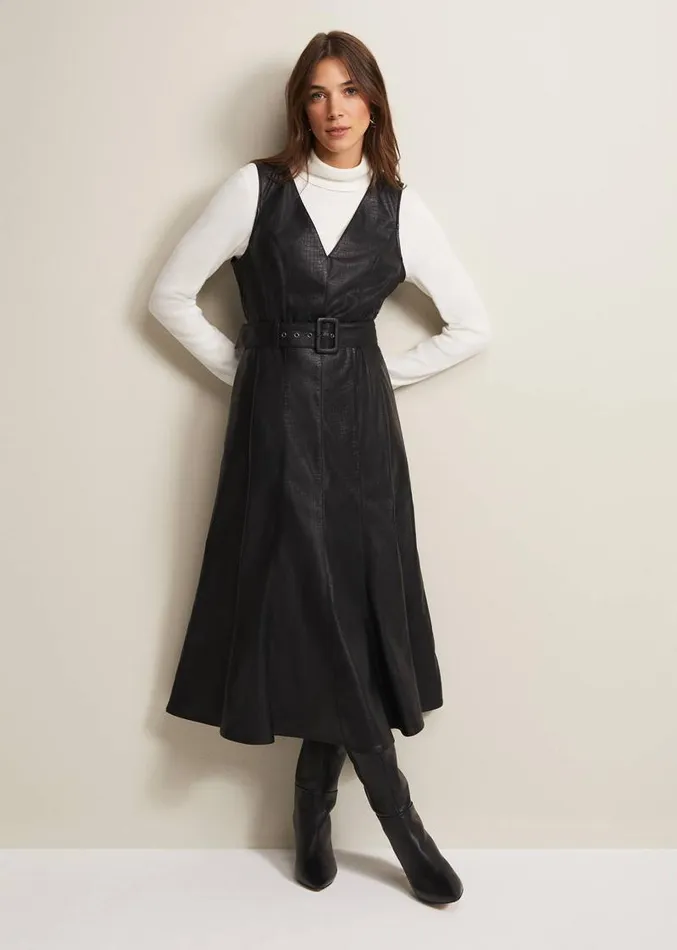 Khloe Black Faux Leather Midi Dress Black Women Phase Eight Dresses