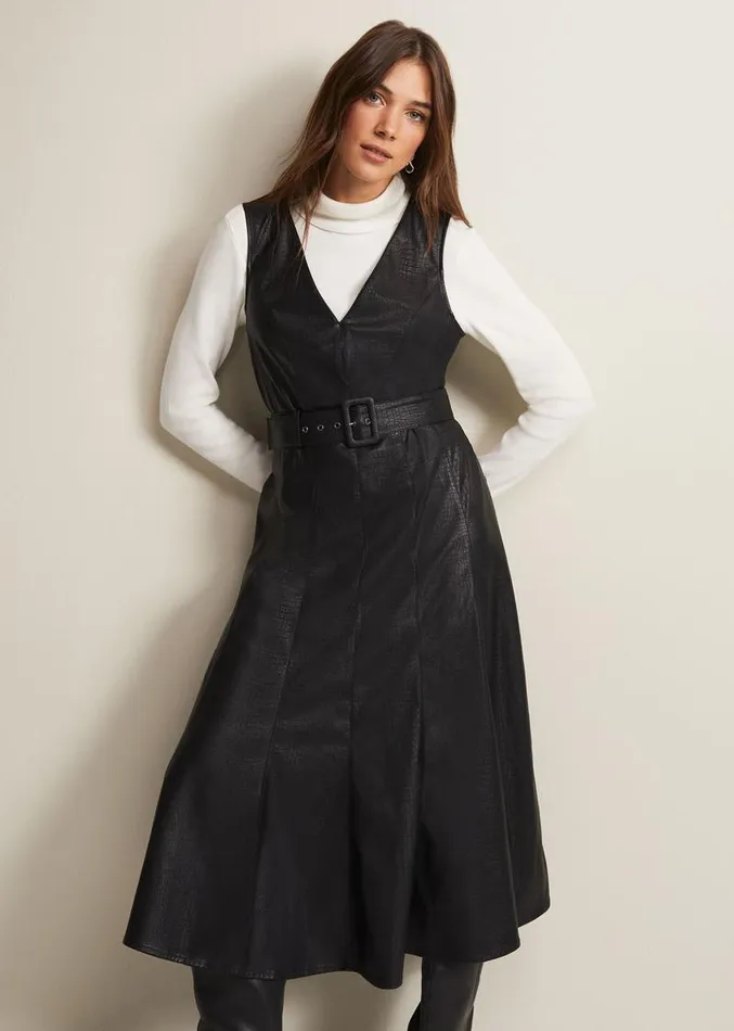 Khloe Black Faux Leather Midi Dress Black Women Phase Eight Dresses