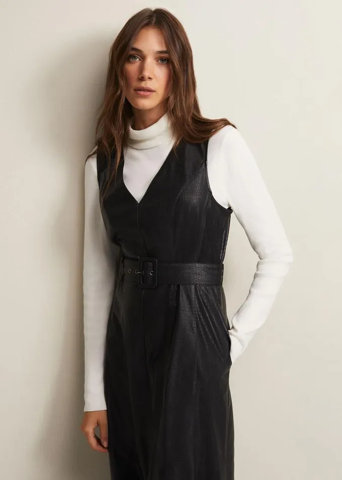 Khloe Black Faux Leather Midi Dress Black Women Phase Eight Dresses