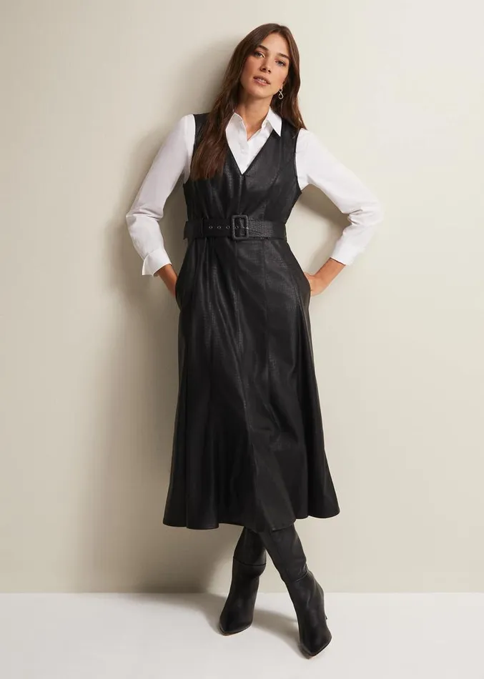 Khloe Black Faux Leather Midi Dress Black Women Phase Eight Dresses