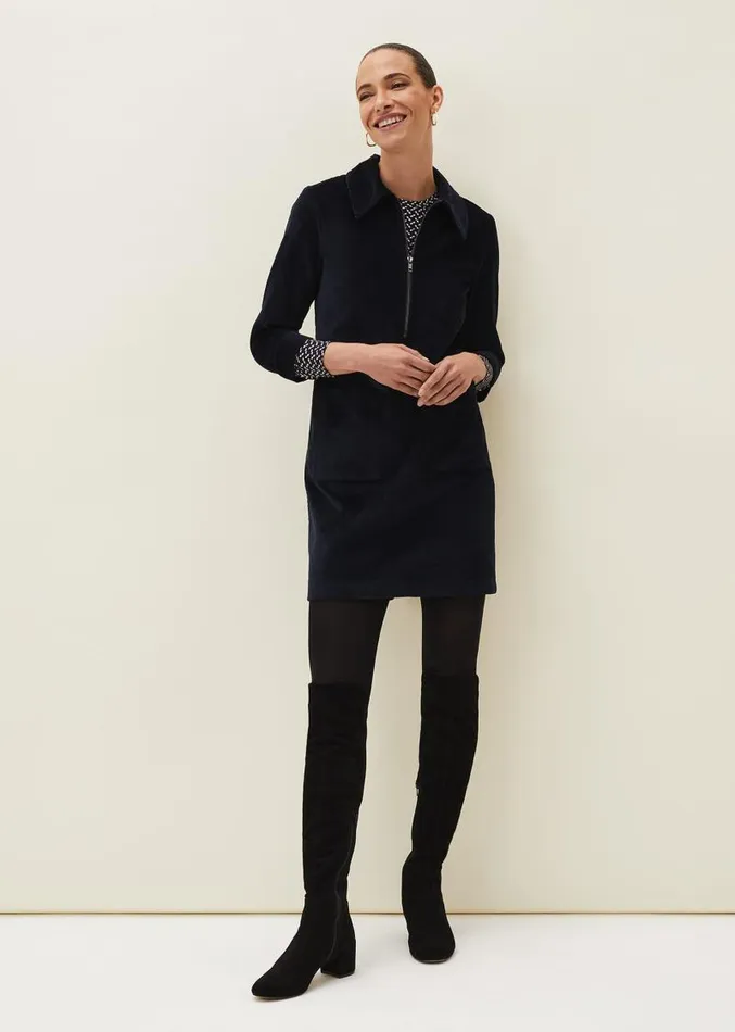 Kirsty Corduroy Zip Front Dress Navy Women Phase Eight Dresses