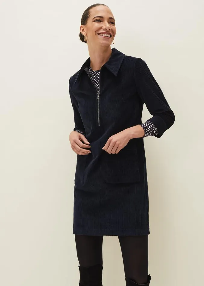 Kirsty Corduroy Zip Front Dress Navy Women Phase Eight Dresses