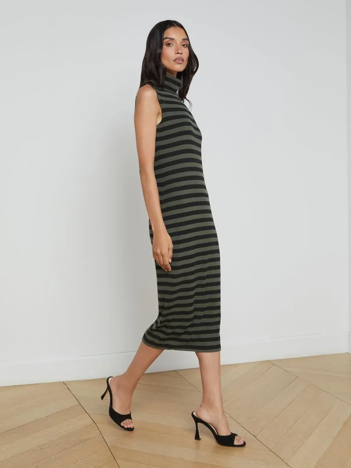 L039Agence Dresses and Jumpsuits Women Brita Striped Turtleneck Dress Blackarmy Stripe L039Agence Dresses and Jumpsuits Women Brita Striped Turtleneck Dress Blackarmy Stripe