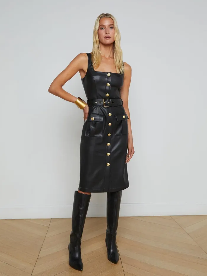 L039Agence Dresses and Jumpsuits Women Idy ButtonFront Dress Black Leathergold