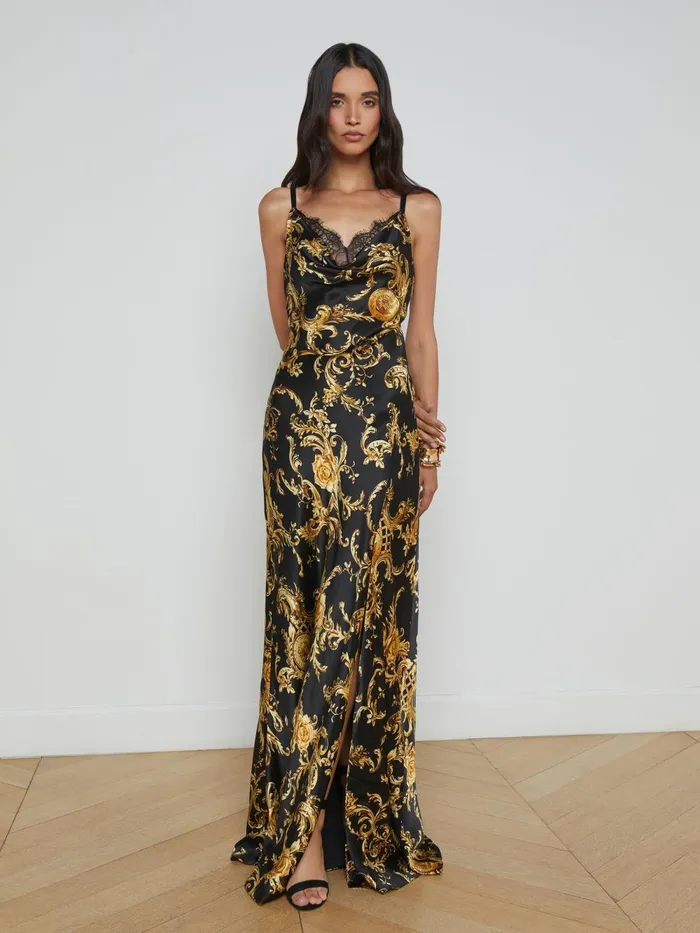 L039Agence Dresses and Jumpsuits Women Venice Silk Gown Blackgold Large Barocco Swirl