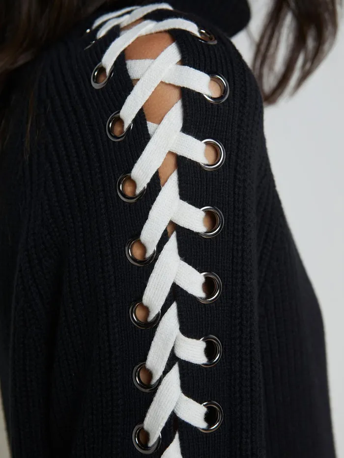 L039Agence Knitwear Women Nola LaceUp Turtleneck Blackivory L039Agence Knitwear Women Nola LaceUp Turtleneck Blackivory