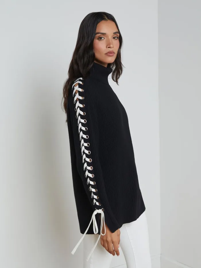 L039Agence Knitwear Women Nola LaceUp Turtleneck Blackivory L039Agence Knitwear Women Nola LaceUp Turtleneck Blackivory