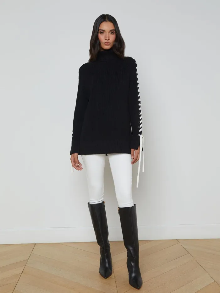 L039Agence Knitwear Women Nola LaceUp Turtleneck Blackivory L039Agence Knitwear Women Nola LaceUp Turtleneck Blackivory