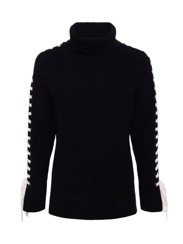 L039Agence Knitwear Women Nola LaceUp Turtleneck Blackivory L039Agence Knitwear Women Nola LaceUp Turtleneck Blackivory