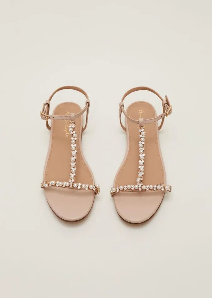 Leather Jewel Trim Flat Sandal Neutral Women Phase Eight Sandals