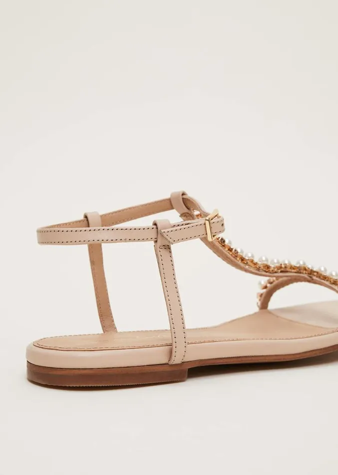 Leather Jewel Trim Flat Sandal Neutral Women Phase Eight Sandals