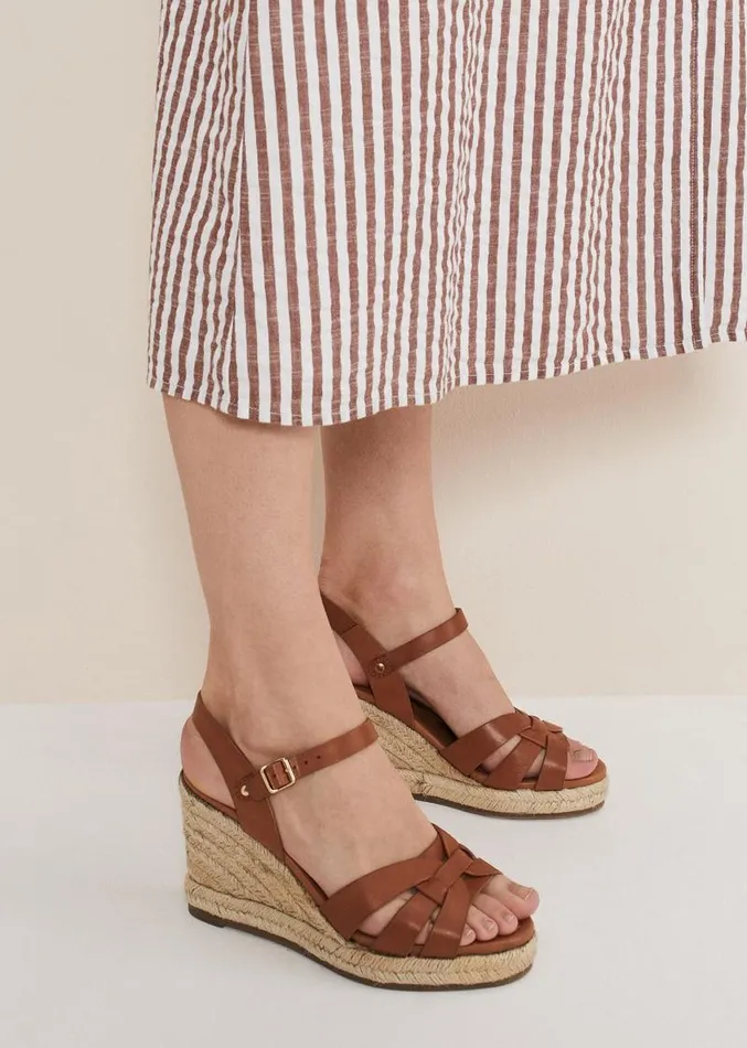 Leather Multi Strap Wedge Espadrille Tan Women Phase Eight Sandals