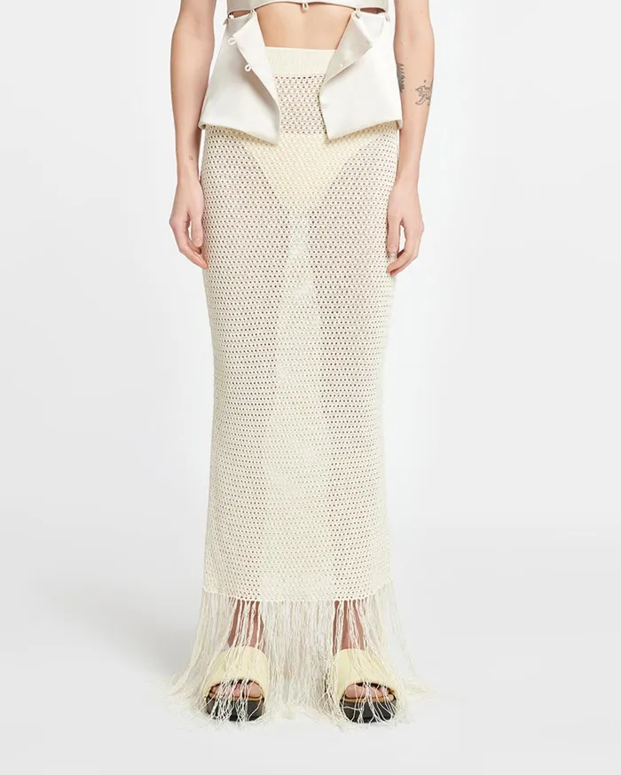 Lindy Fringed Crochet Skirt Creme Women Nanushka Skirts