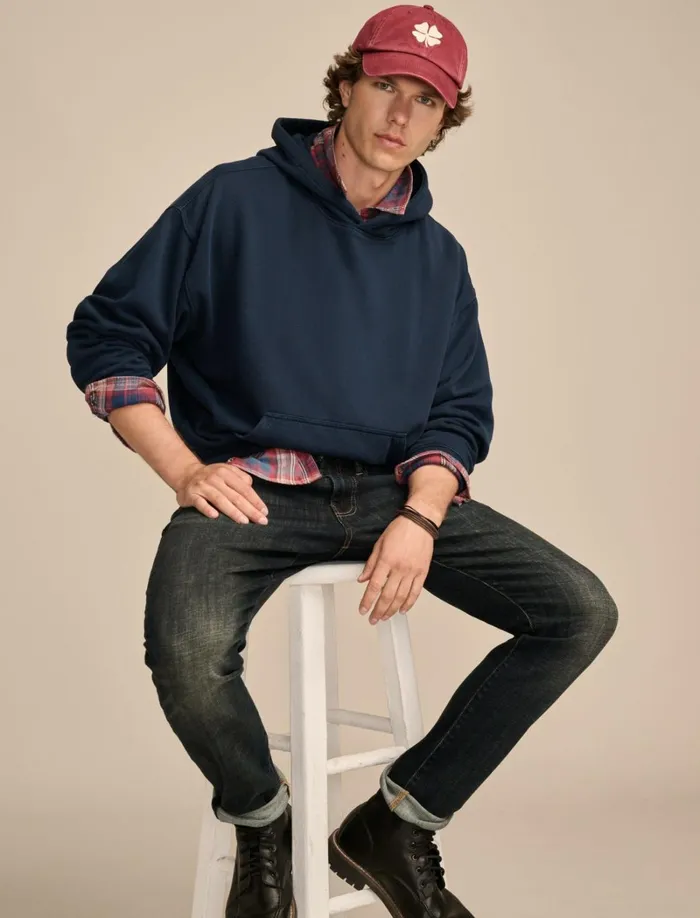Lucky Brand Activewear Men Relaxed Fleece Hoodie Black Iris