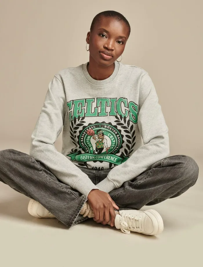 Lucky Brand Activewear Women Celtics Crew Neck Sweatshirt Heather Greyyellow