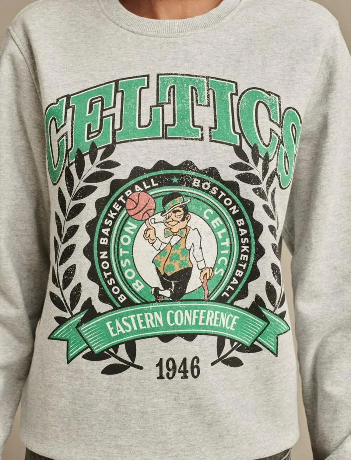 Lucky Brand Activewear Women Celtics Crew Neck Sweatshirt Heather Greyyellow