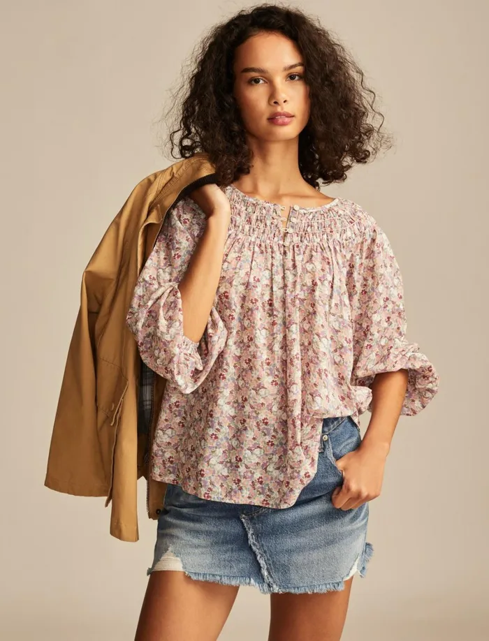 Lucky Brand Blouses Women Easy Smocked Blouse Pink Floral